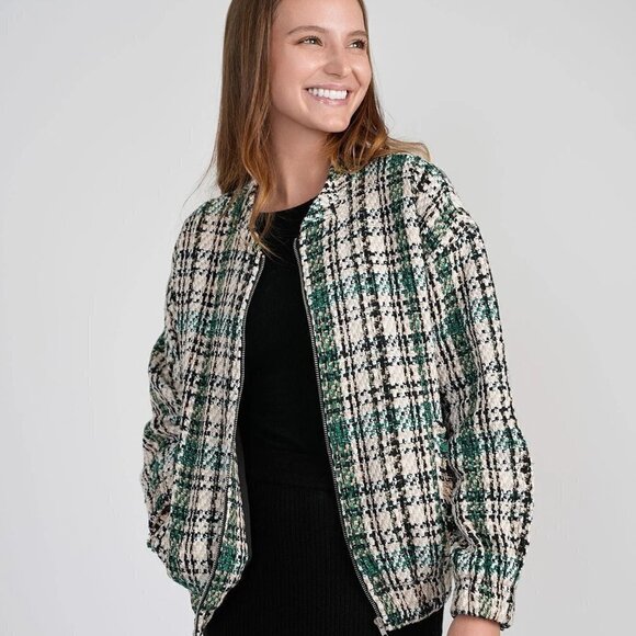 New Zara Plaid Textured Tweed Oversized Bomber Green Chanel Style Jacket NWT XS - Picture 5 of 17